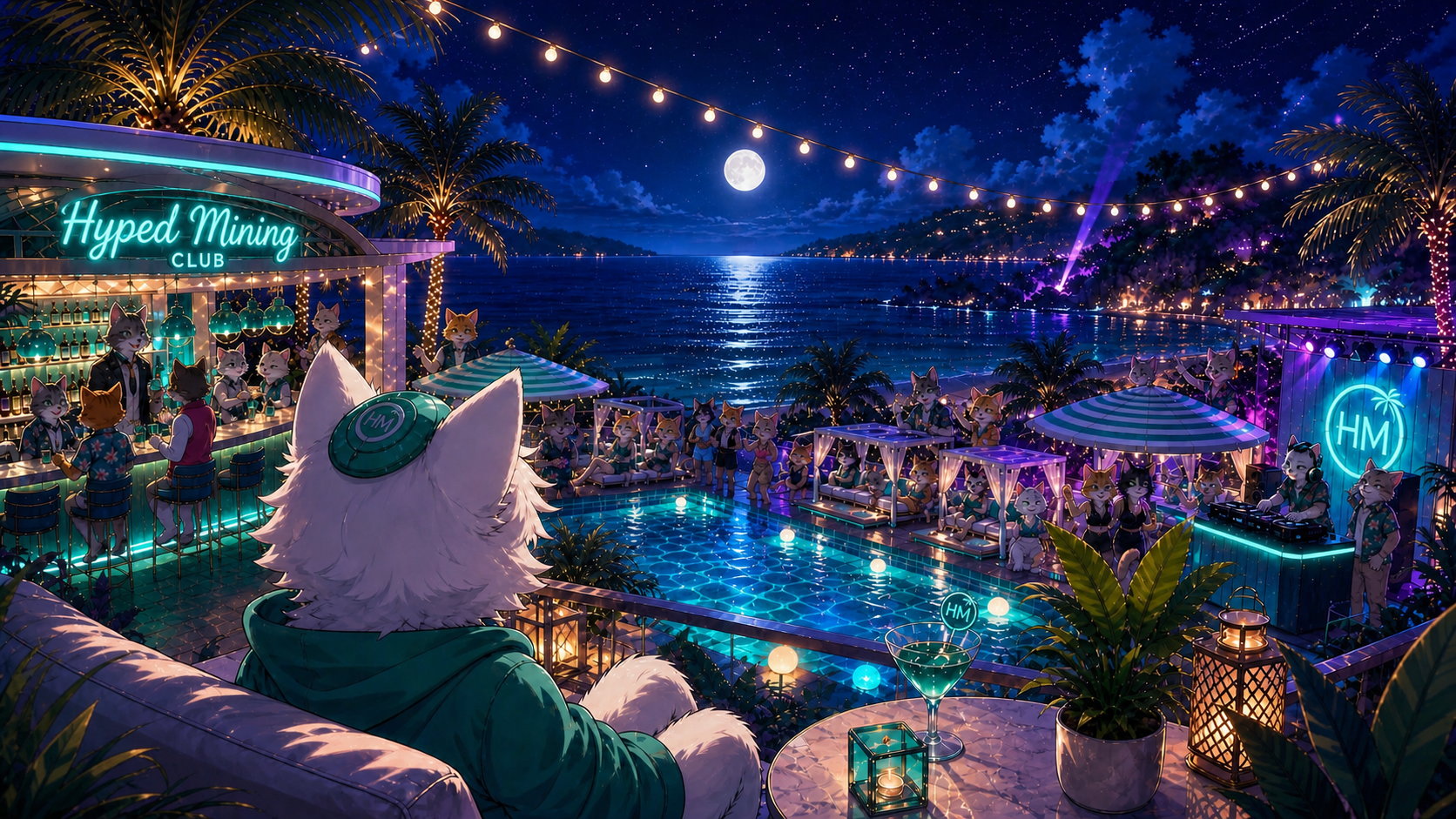 HYPED Mining Club — neon-lit beachside lounge